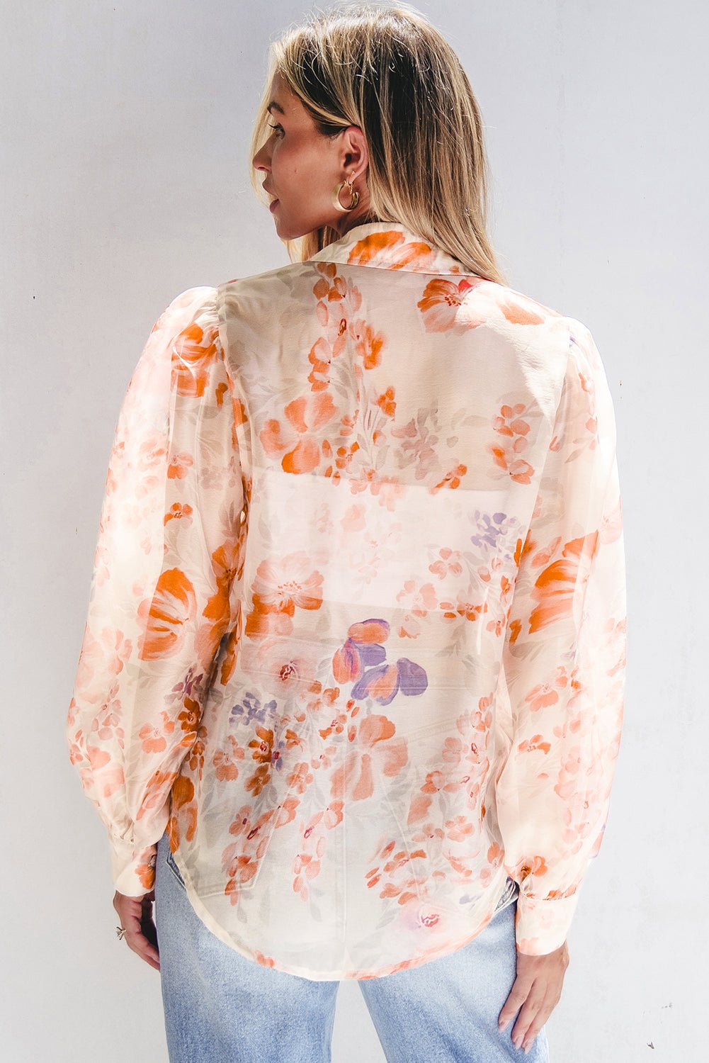 White Floral Print Collared Balloon Sleeve Loose Shirt - Chaelisa's New Jammies