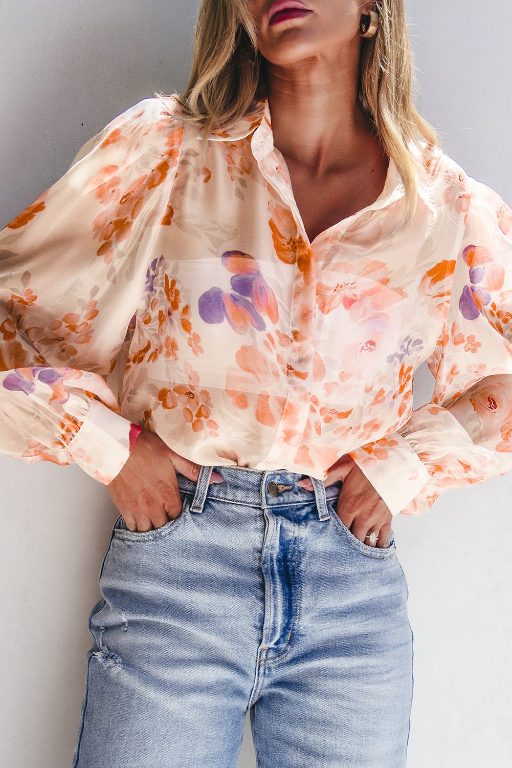 White Floral Print Collared Balloon Sleeve Loose Shirt - Chaelisa's New Jammies