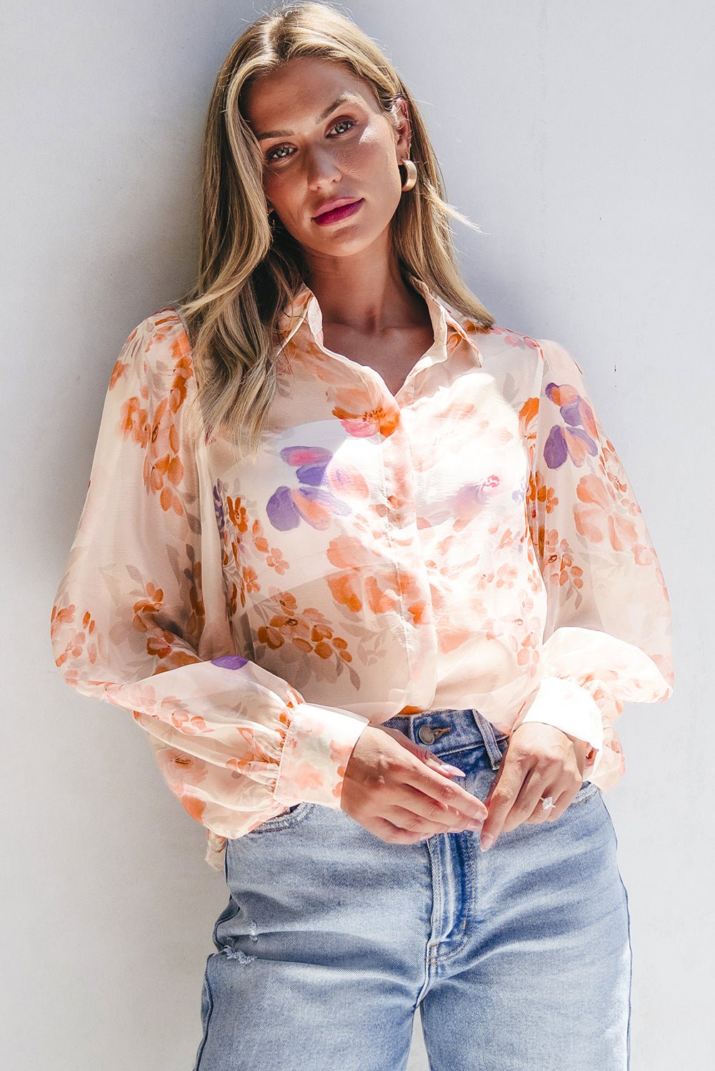 White Floral Print Collared Balloon Sleeve Loose Shirt - Chaelisa's New Jammies
