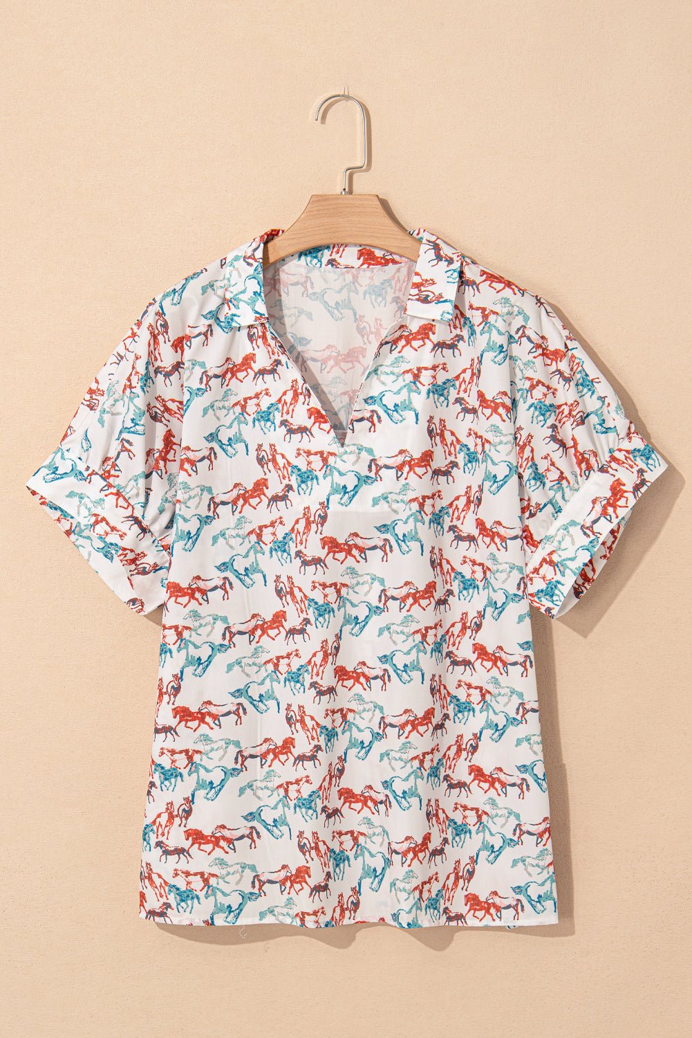 White Horse Galloping Allover Print Split Neck Plus Size Blouse - Chaelisa's New Jammies