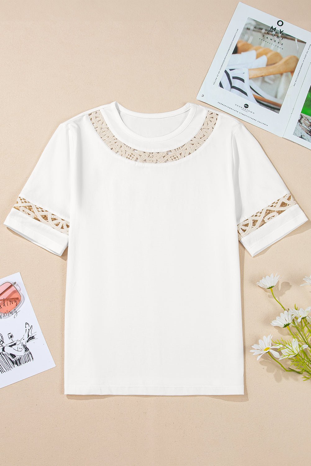 White Lace Crochet Crew Neck Casual T Shirt - Chaelisa's New Jammies