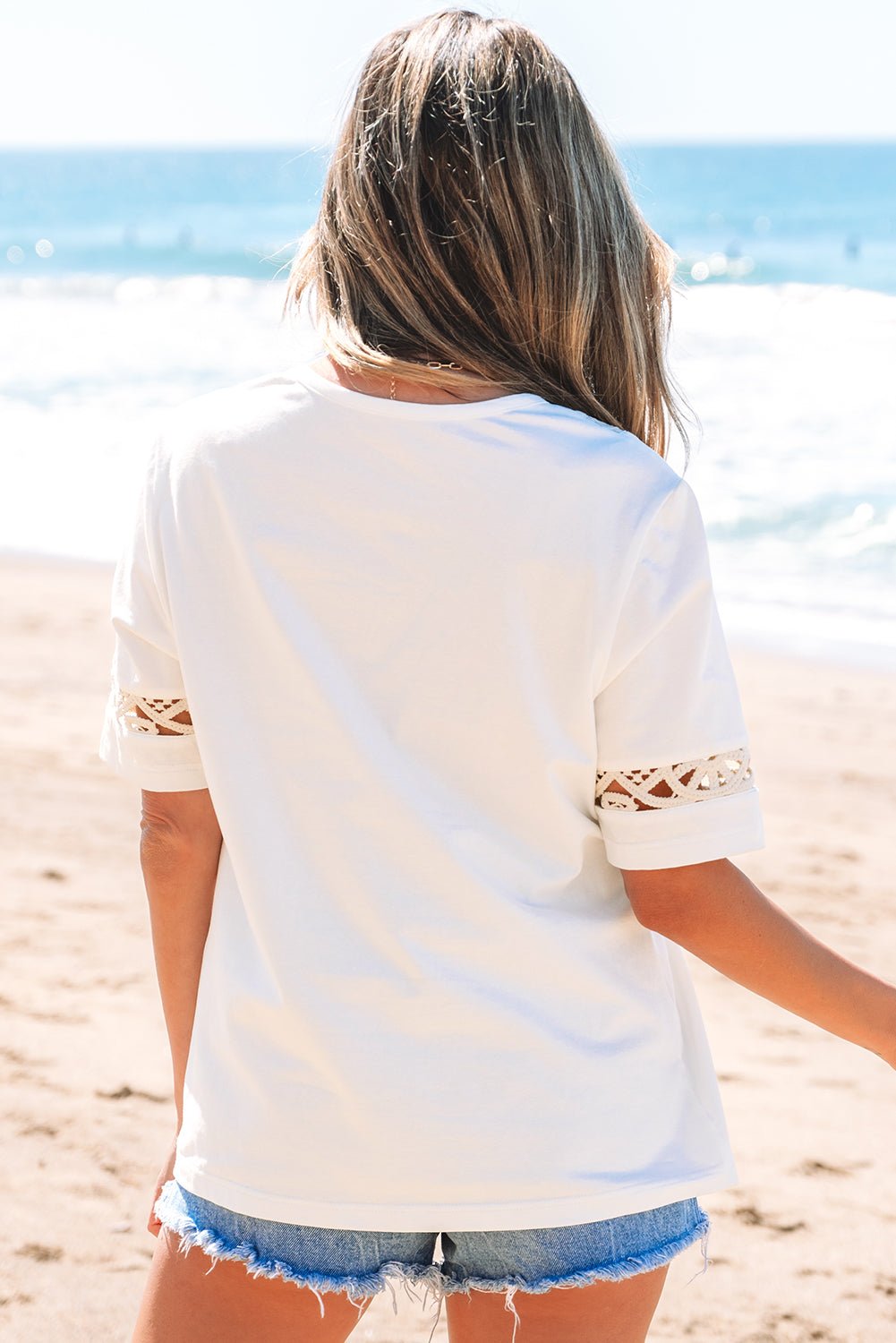 White Lace Crochet Crew Neck Casual T Shirt - Chaelisa's New Jammies