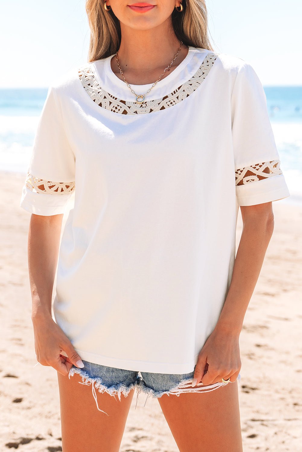 White Lace Crochet Crew Neck Casual T Shirt - Chaelisa's New Jammies