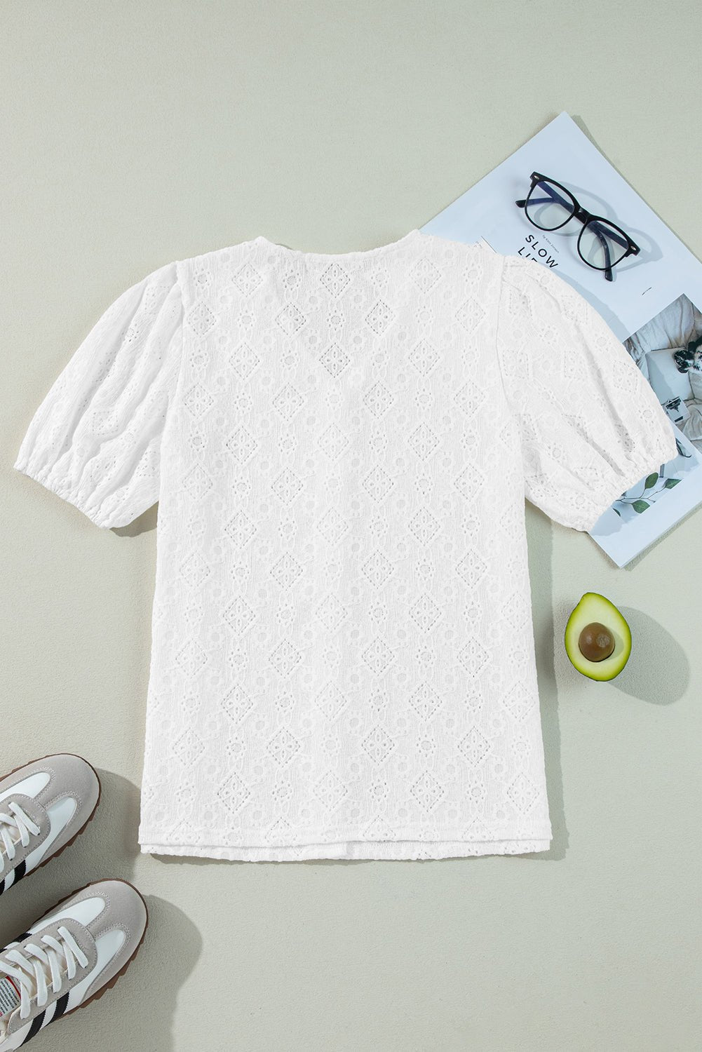 White Lace Puff Sleeve V Neck Button Up Shirt - Chaelisa's New Jammies