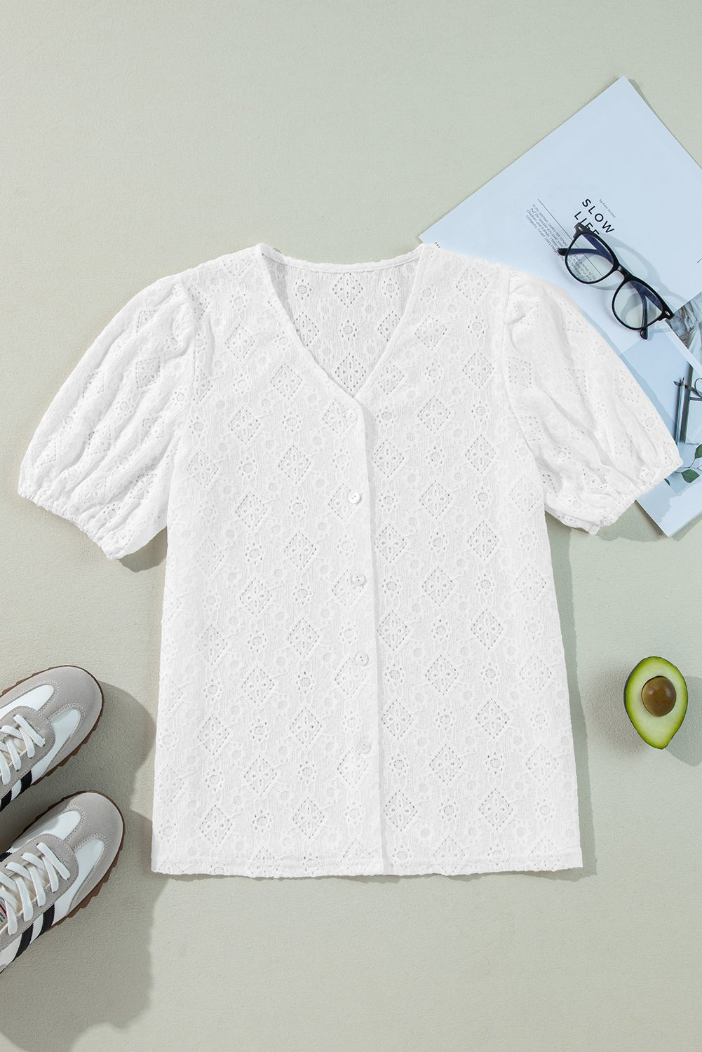 White Lace Puff Sleeve V Neck Button Up Shirt - Chaelisa's New Jammies