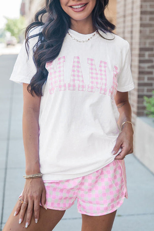 White MAMA Printed Tee and Plaid Shorts Lounge Set - Chaelisa's New Jammies