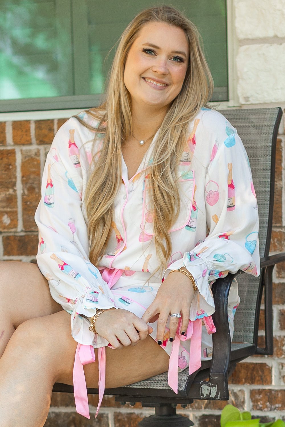 White Plus Size Wine Glass Print Bow Knot Pajama Set - Chaelisa's New Jammies