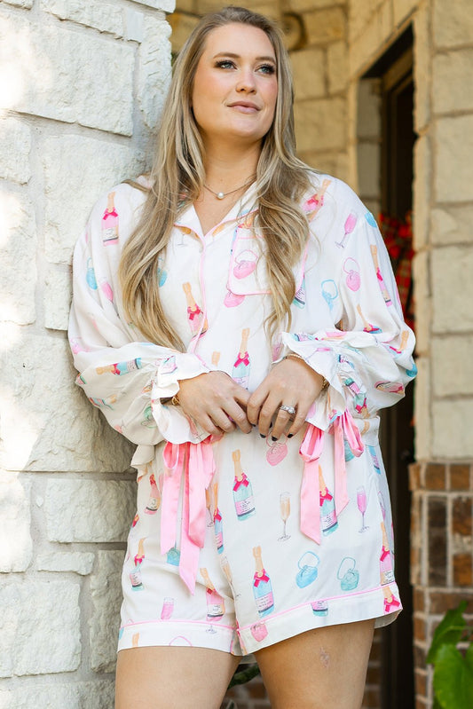 White Plus Size Wine Glass Print Bow Knot Pajama Set - Chaelisa's New Jammies