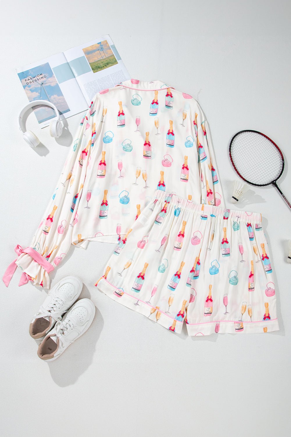 White Plus Size Wine Glass Print Bow Knot Pajama Set - Chaelisa's New Jammies