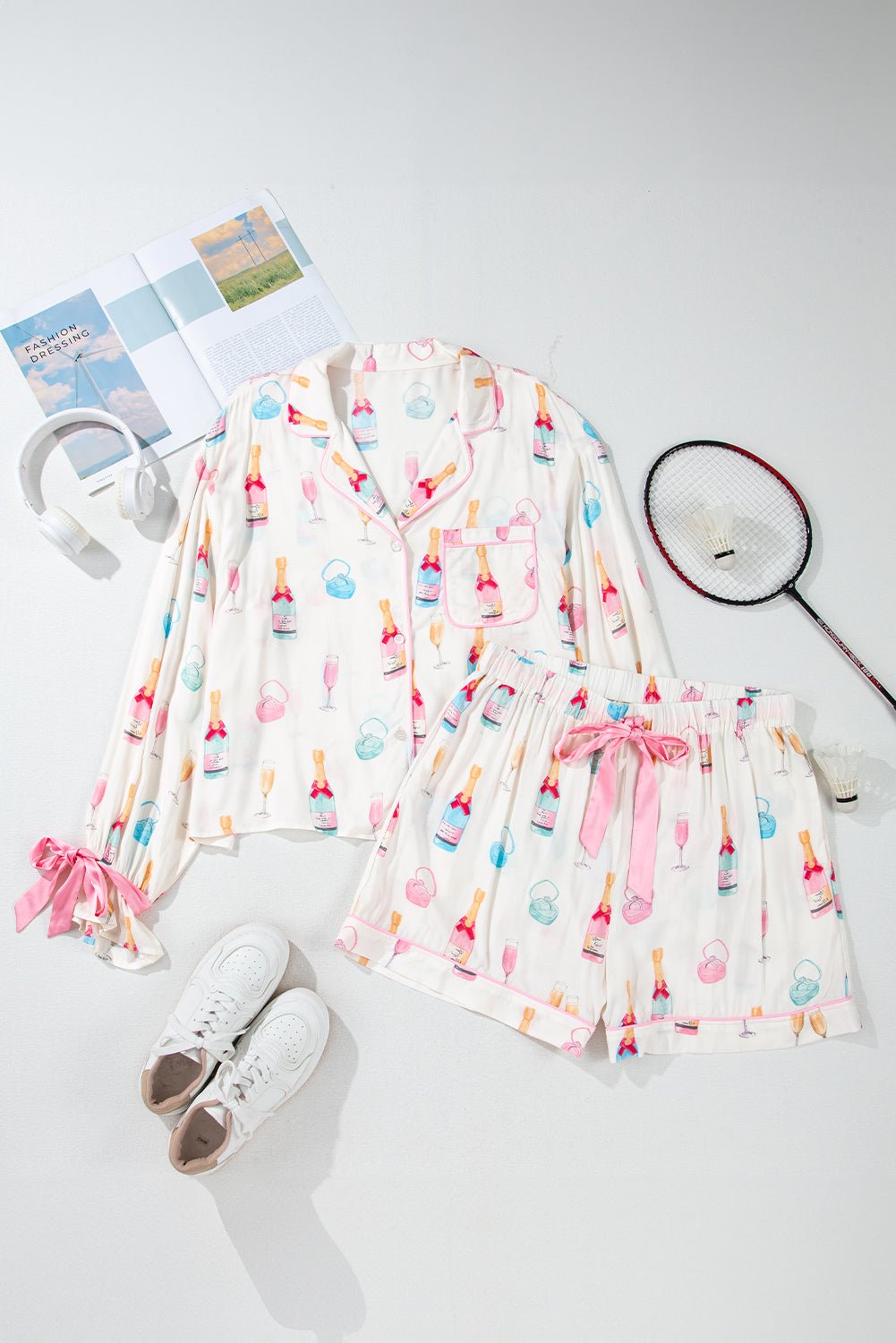 White Plus Size Wine Glass Print Bow Knot Pajama Set - Chaelisa's New Jammies