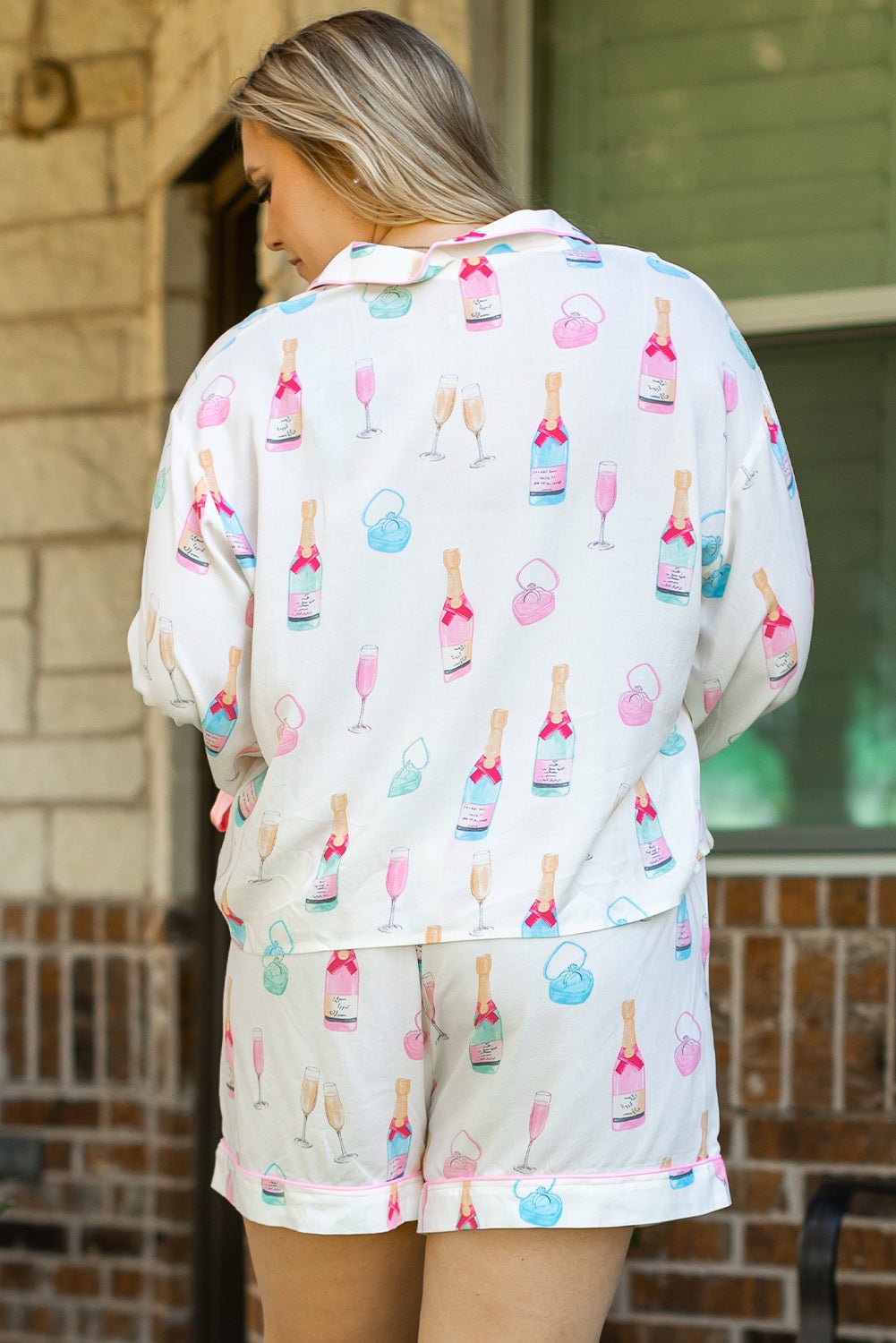 White Plus Size Wine Glass Print Bow Knot Pajama Set - Chaelisa's New Jammies