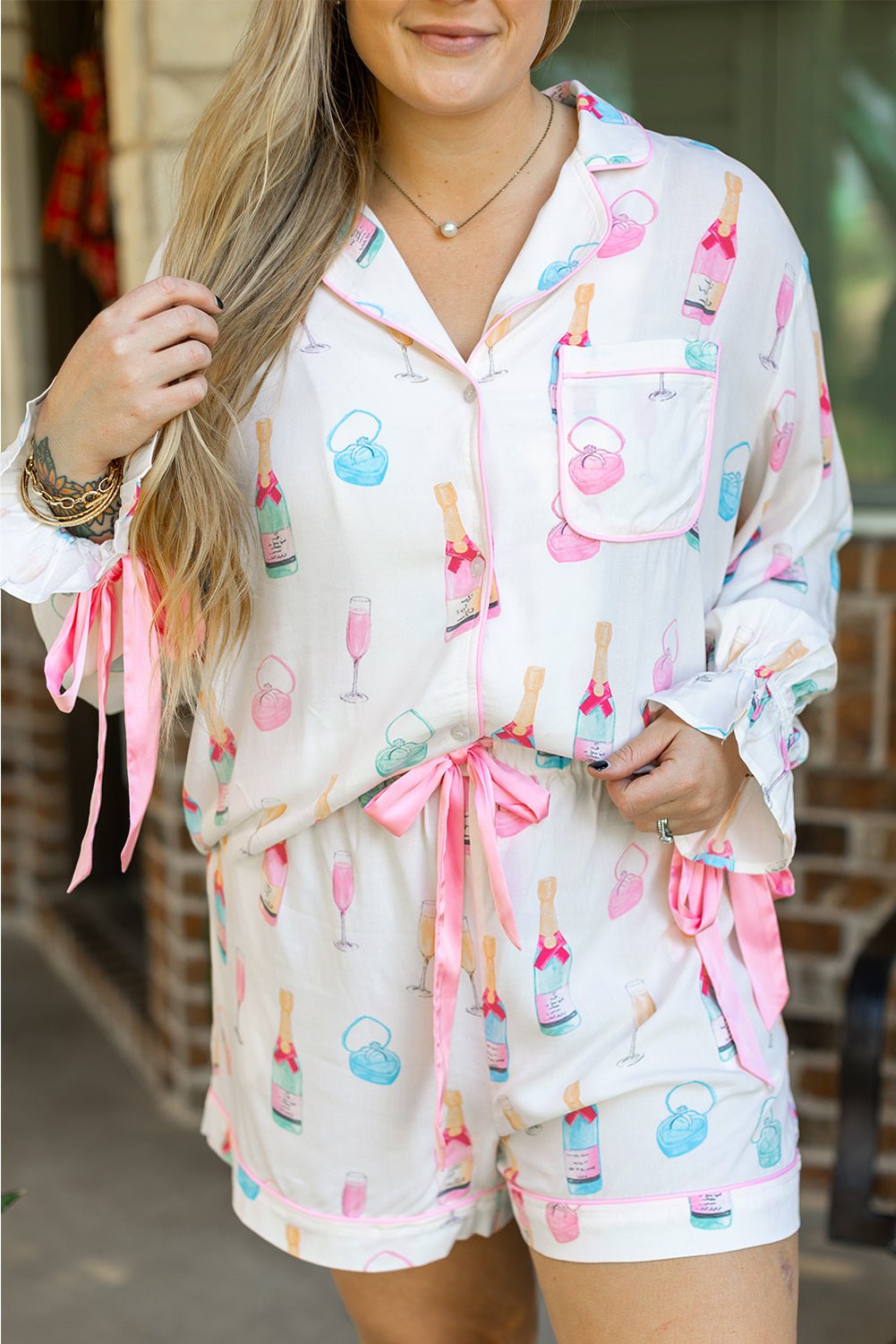 White Plus Size Wine Glass Print Bow Knot Pajama Set - Chaelisa's New Jammies