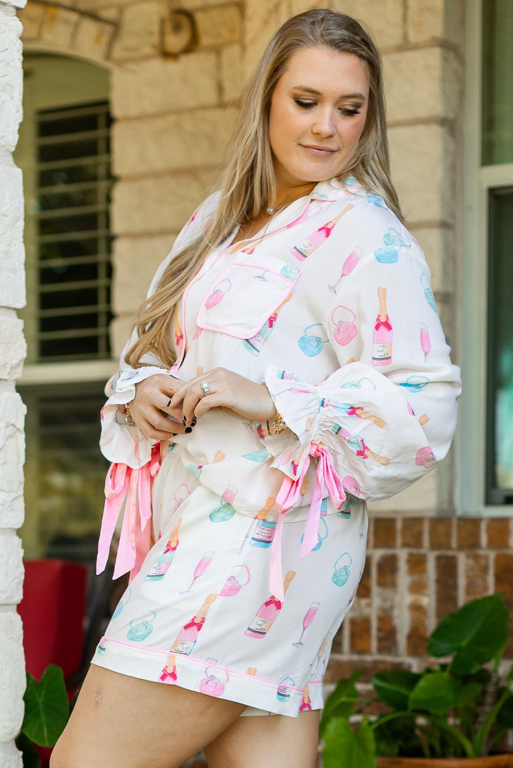 White Plus Size Wine Glass Print Bow Knot Pajama Set - Chaelisa's New Jammies