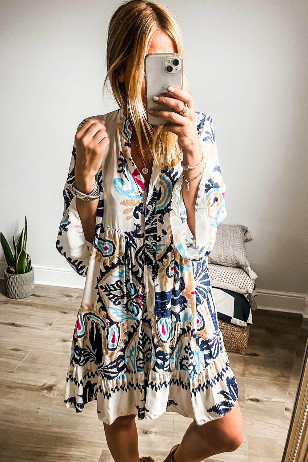White Printed Tribal Bracelet Sleeve Buttoned Mini Dress - Chaelisa's New Jammies