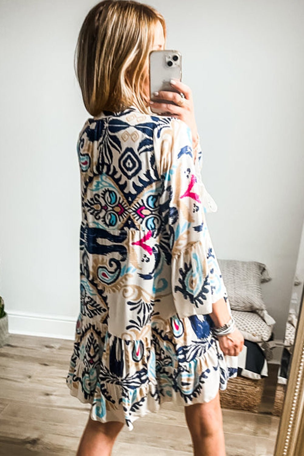 White Printed Tribal Bracelet Sleeve Buttoned Mini Dress - Chaelisa's New Jammies