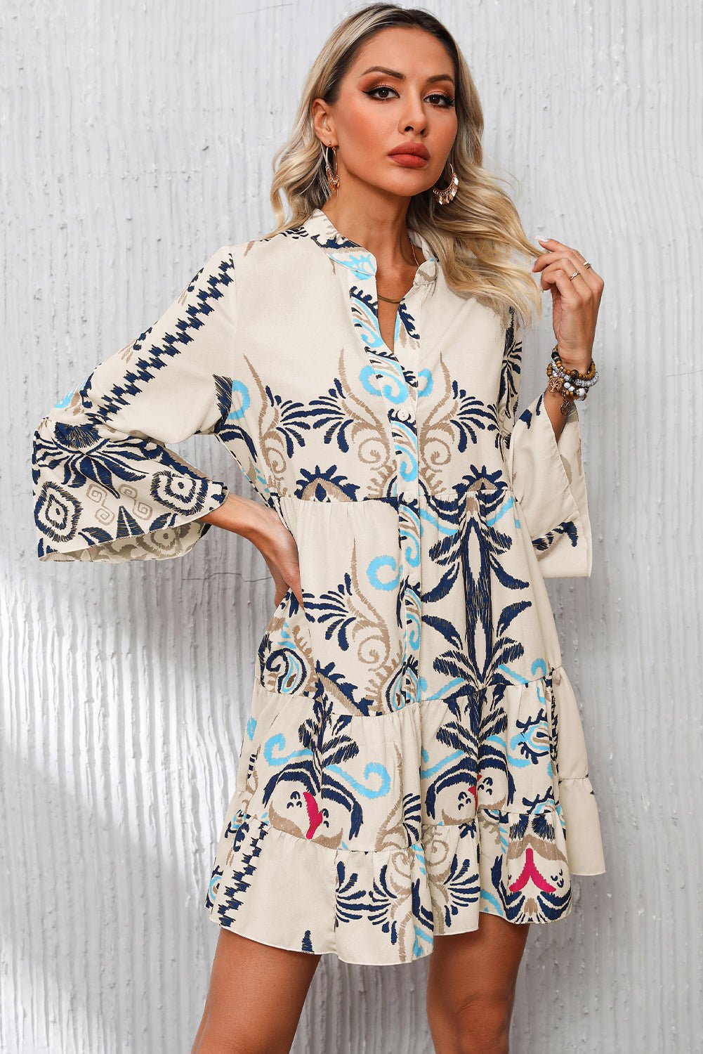 White Printed Tribal Bracelet Sleeve Buttoned Mini Dress - Chaelisa's New Jammies