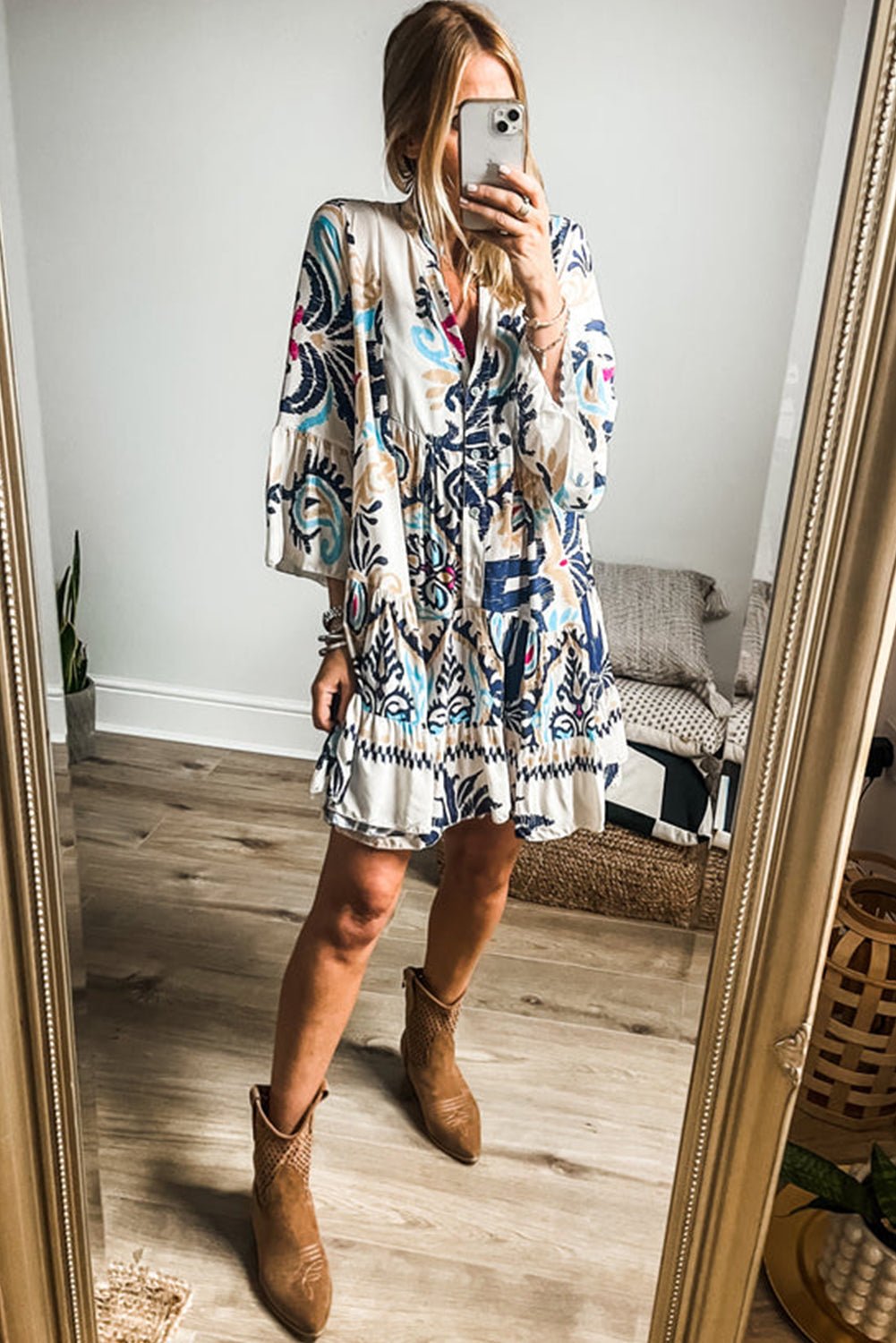 White Printed Tribal Bracelet Sleeve Buttoned Mini Dress - Chaelisa's New Jammies