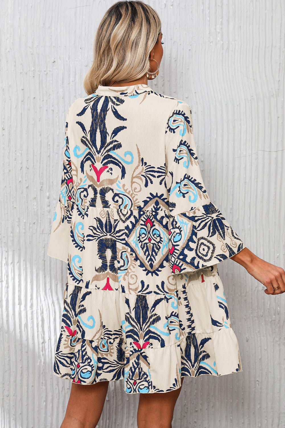 White Printed Tribal Bracelet Sleeve Buttoned Mini Dress - Chaelisa's New Jammies