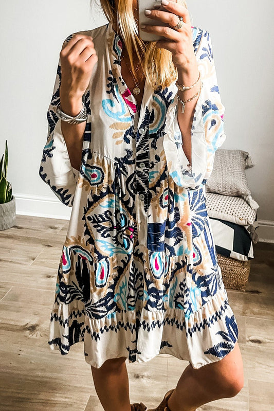 White Printed Tribal Bracelet Sleeve Buttoned Mini Dress - Chaelisa's New Jammies