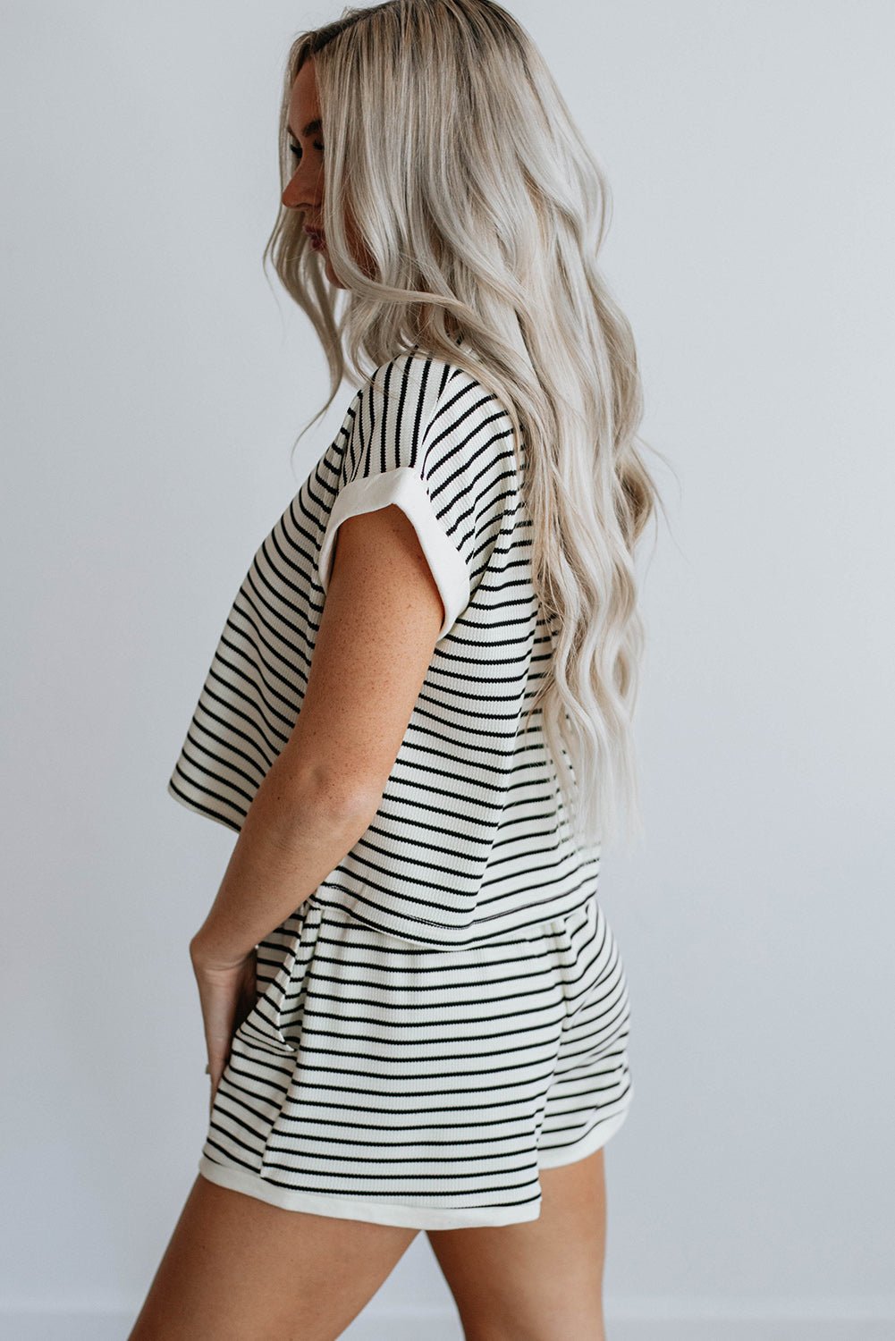 White Stripe Contrast Edge Tee and Shorts Set - Chaelisa's New Jammies