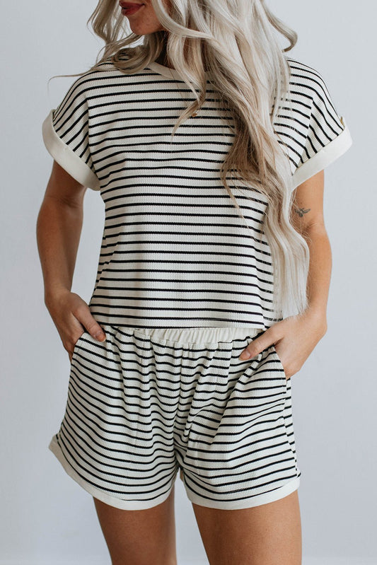 White Stripe Contrast Edge Tee and Shorts Set - Chaelisa's New Jammies