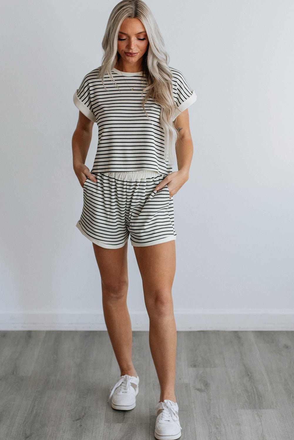 White Stripe Contrast Edge Tee and Shorts Set - Chaelisa's New Jammies
