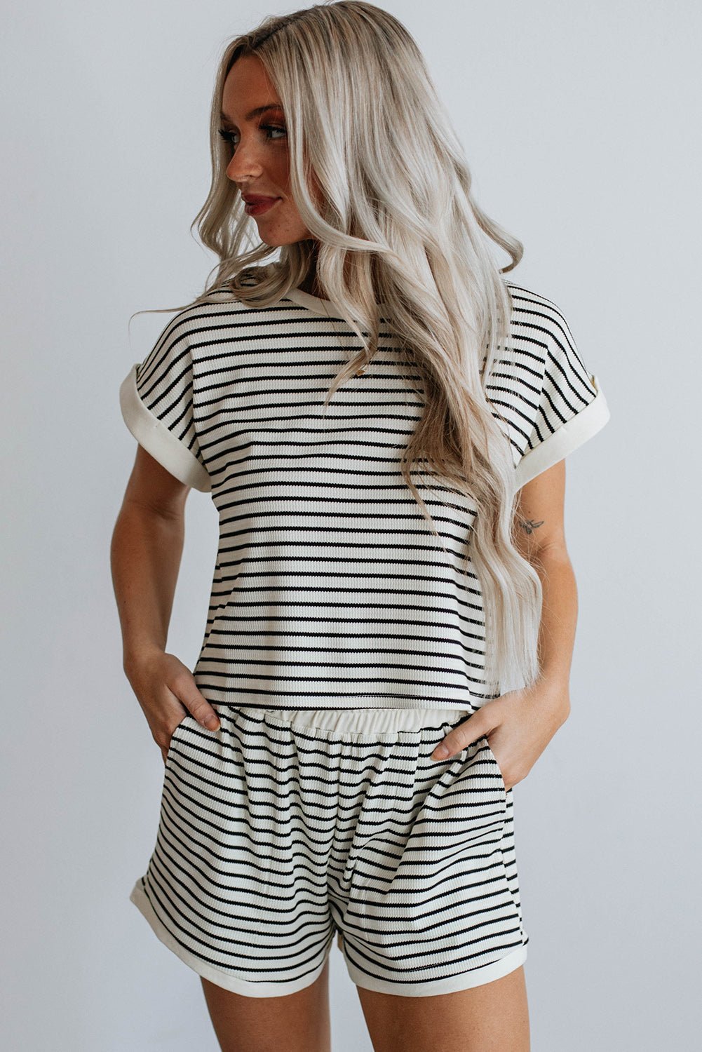 White Stripe Contrast Edge Tee and Shorts Set - Chaelisa's New Jammies