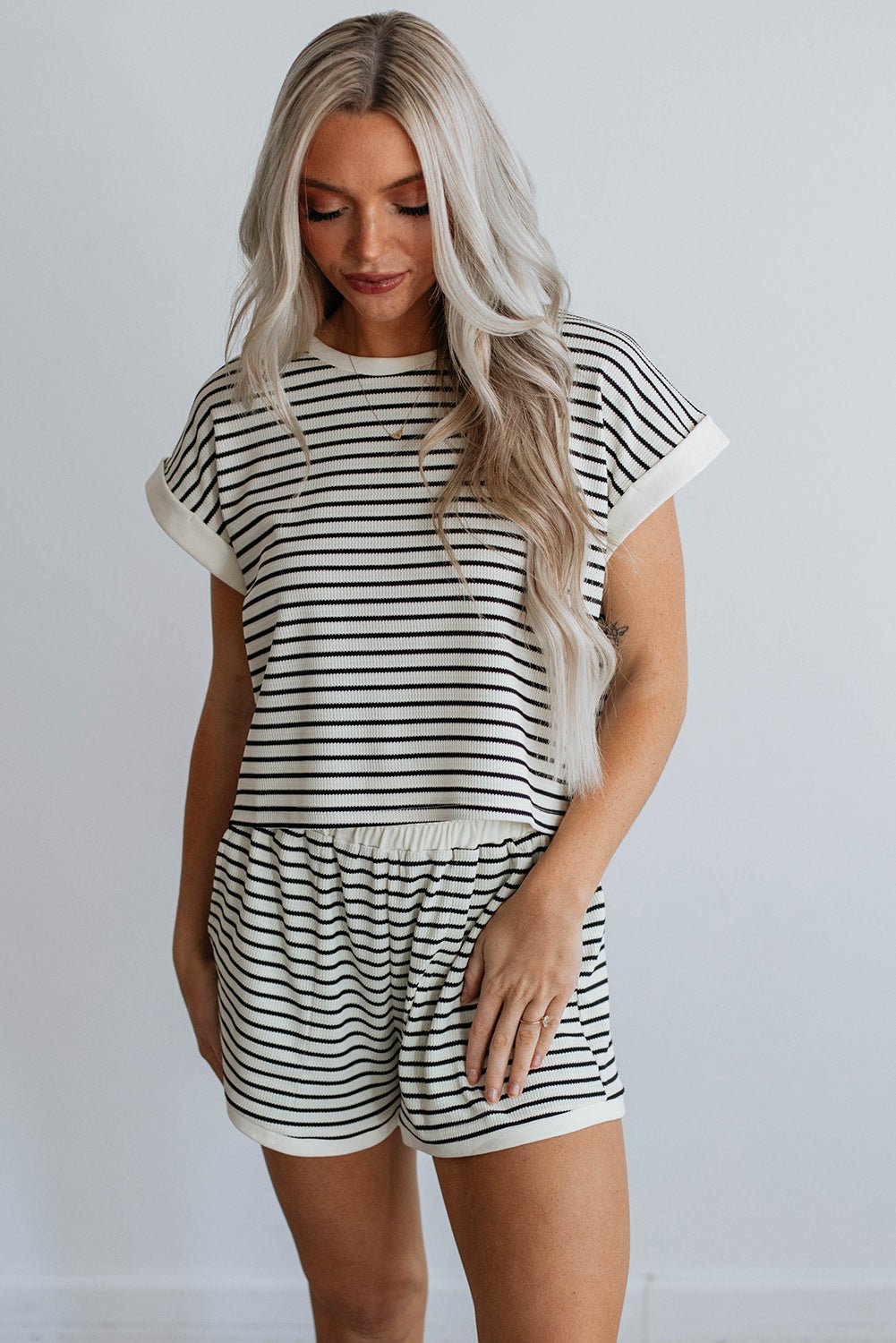 White Stripe Contrast Edge Tee and Shorts Set - Chaelisa's New Jammies