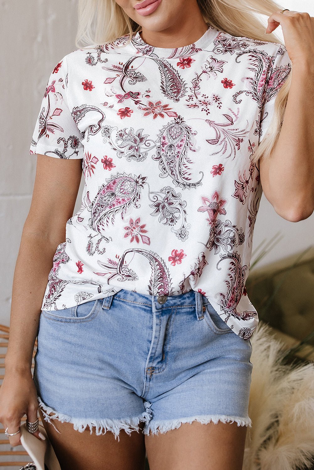 White Vintage Paisley Mock Neck T Shirt - Chaelisa's New Jammies