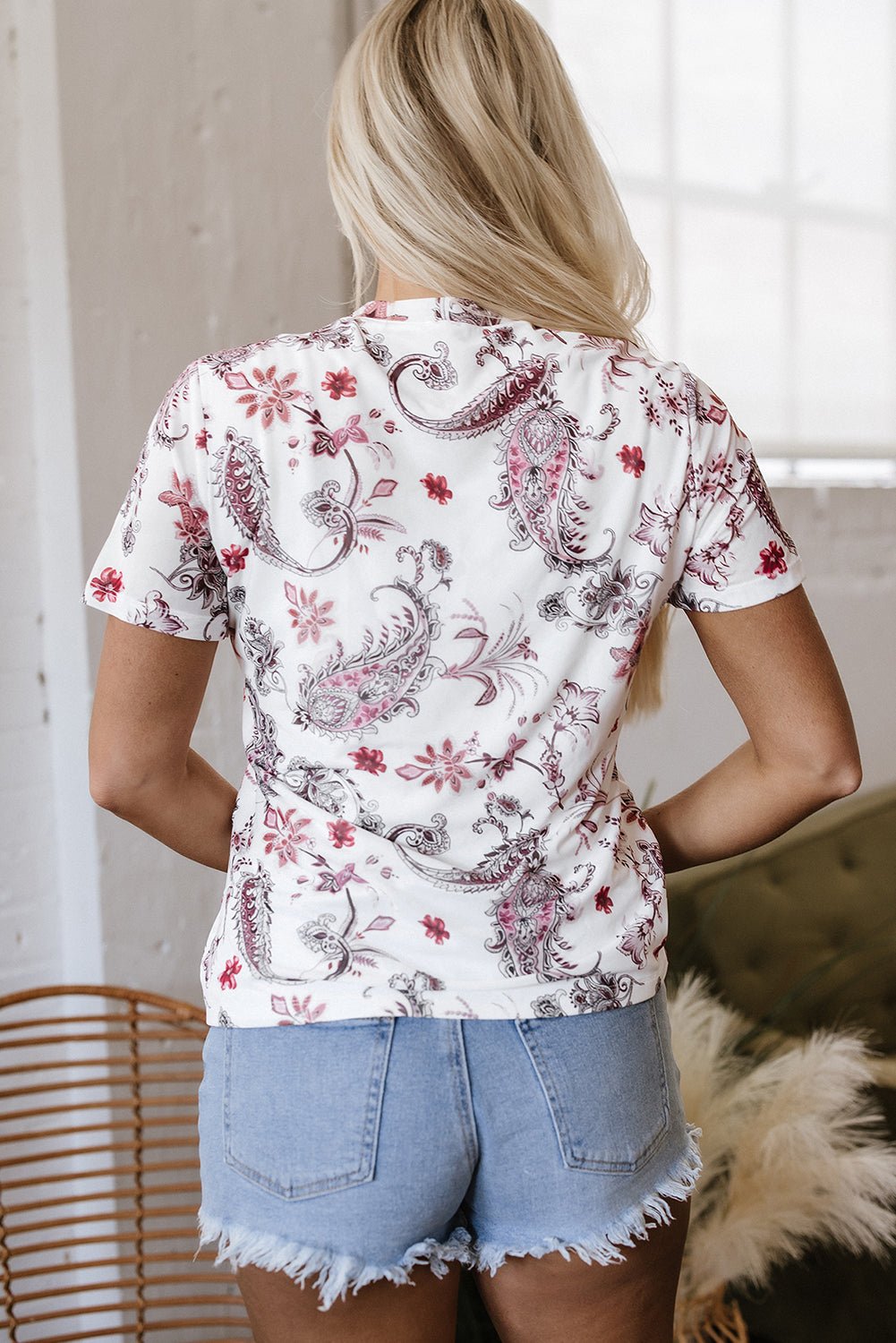 White Vintage Paisley Mock Neck T Shirt - Chaelisa's New Jammies