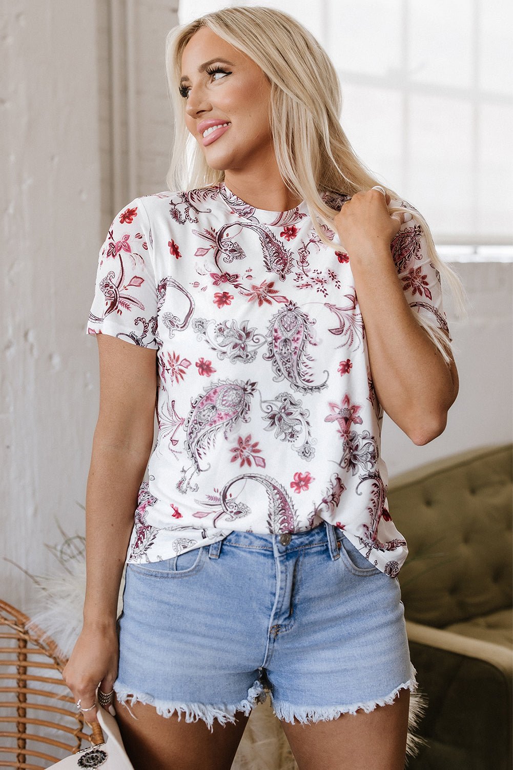 White Vintage Paisley Mock Neck T Shirt - Chaelisa's New Jammies