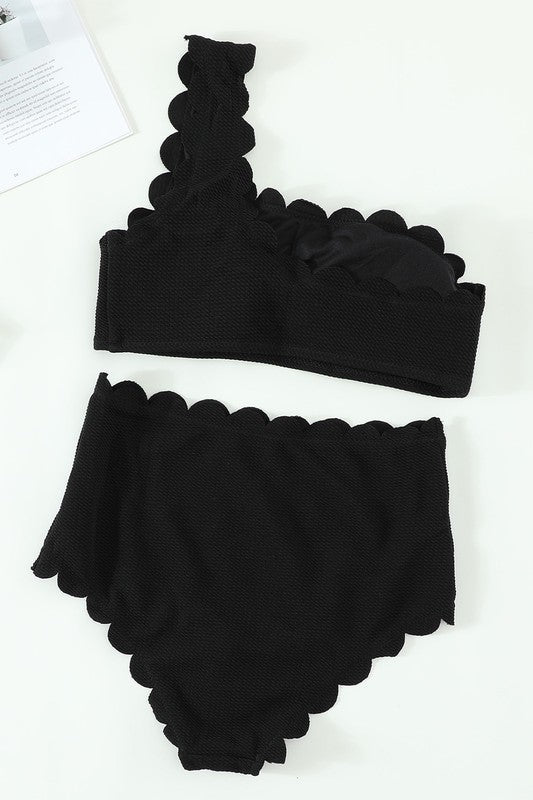 Women Black Solid Scalloped One - Shoulder Bikini - Chaelisa's New Jammies