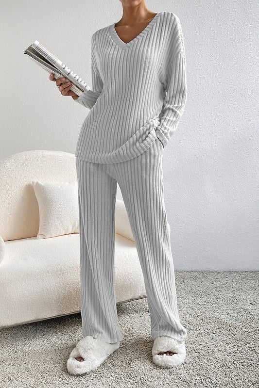 Women Ribbed Knit V Neck Slouchy Two - piece Outfit - Chaelisa's New Jammies