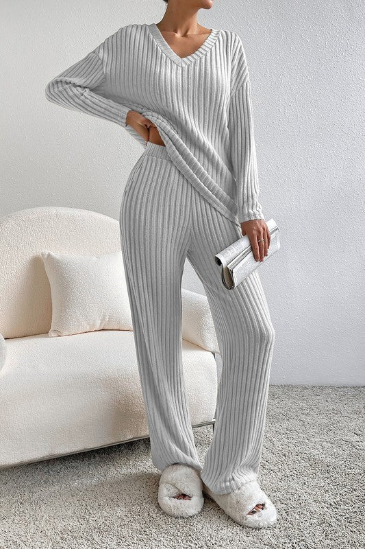 Women Ribbed Knit V Neck Slouchy Two - piece Outfit - Chaelisa's New Jammies