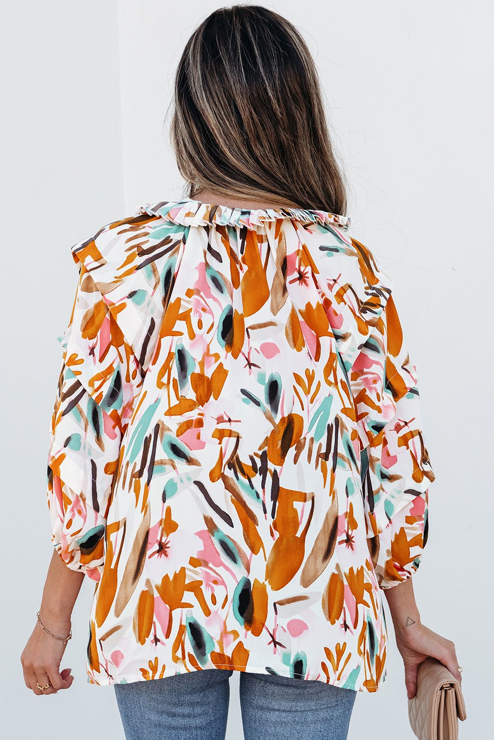 Yellow Abstract Print Drawstring Frilled V Neck 3/4 Sleeve Blouse - Chaelisa's New Jammies