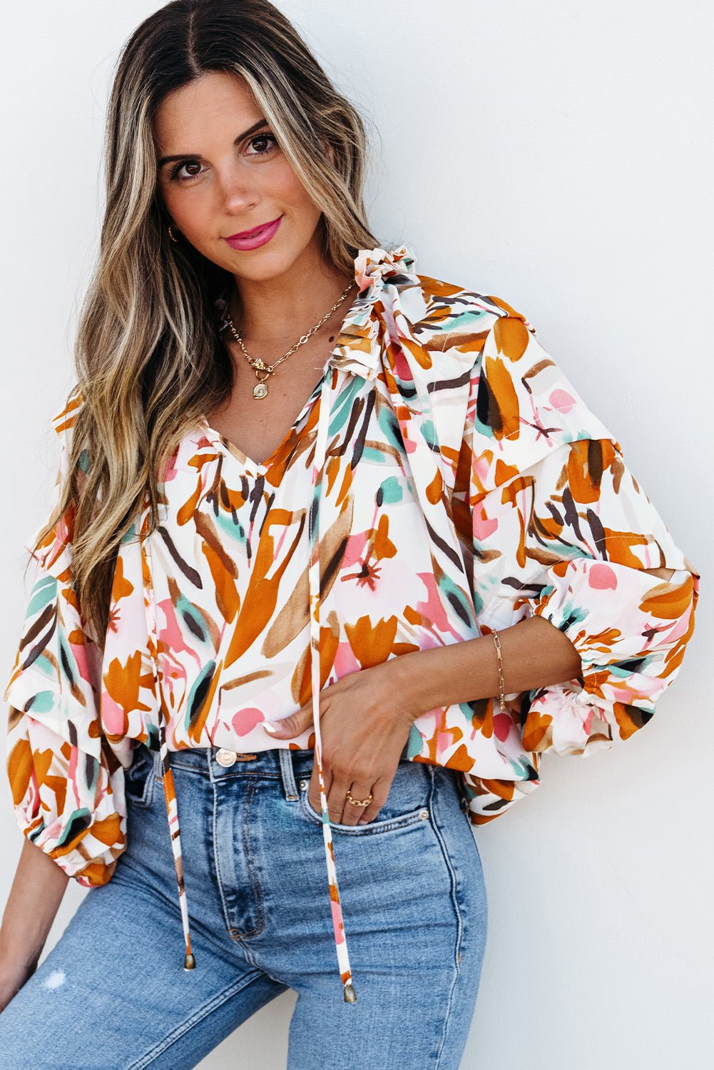 Yellow Abstract Print Drawstring Frilled V Neck 3/4 Sleeve Blouse - Chaelisa's New Jammies