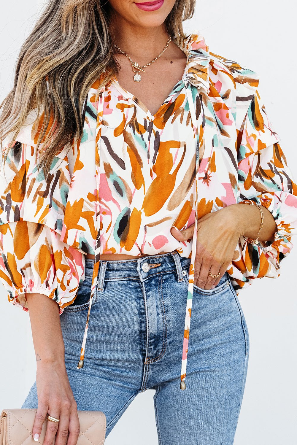 Yellow Abstract Print Drawstring Frilled V Neck 3/4 Sleeve Blouse - Chaelisa's New Jammies