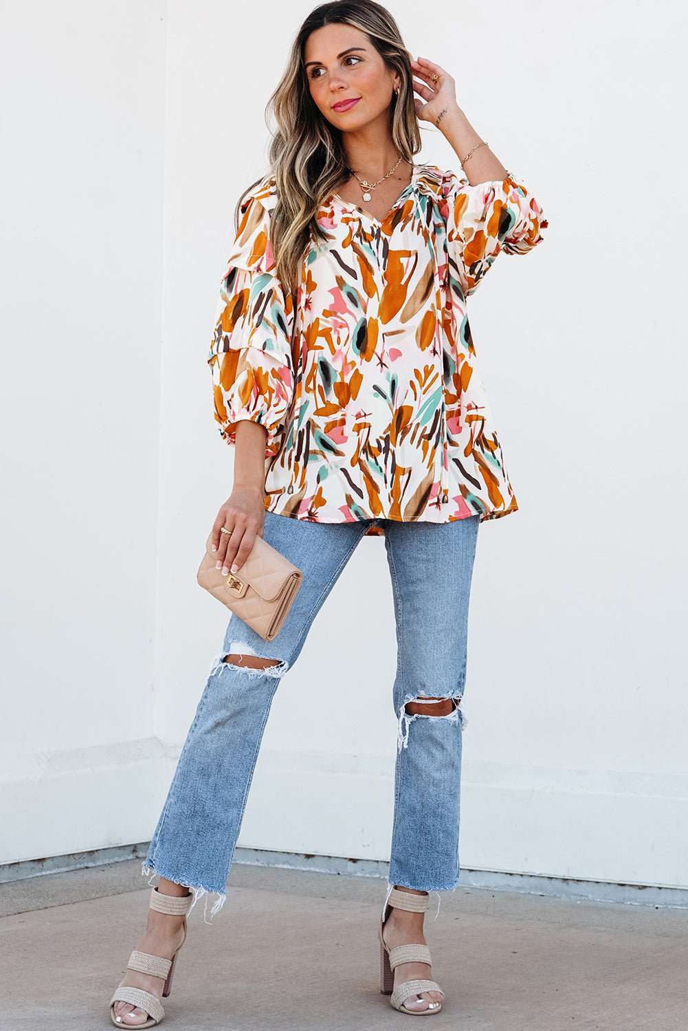 Yellow Abstract Print Drawstring Frilled V Neck 3/4 Sleeve Blouse - Chaelisa's New Jammies