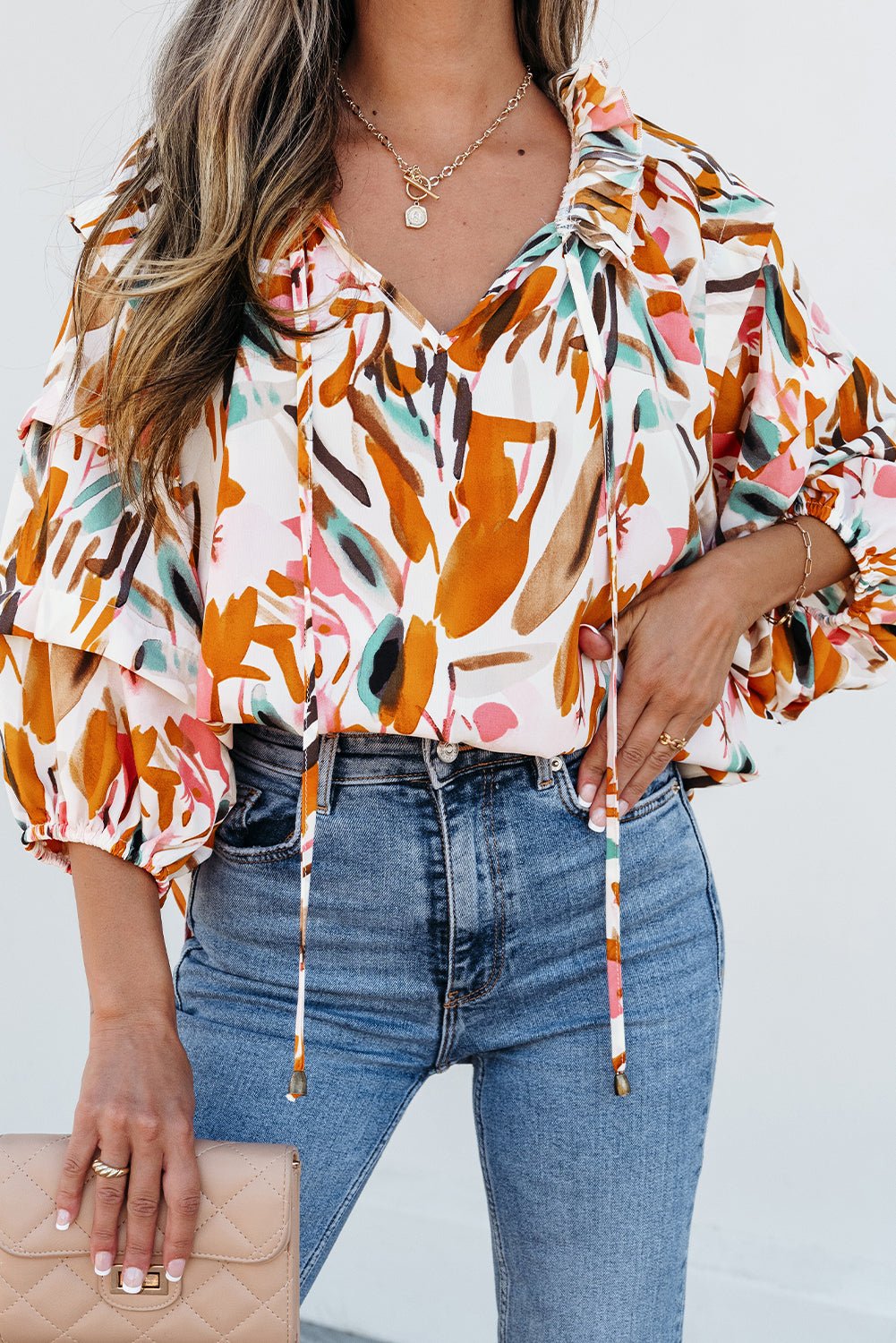 Yellow Abstract Print Drawstring Frilled V Neck 3/4 Sleeve Blouse - Chaelisa's New Jammies