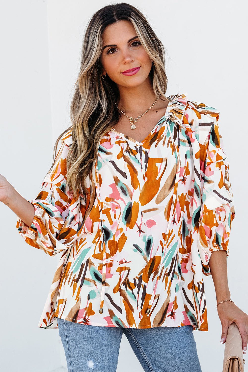 Yellow Abstract Print Drawstring Frilled V Neck 3/4 Sleeve Blouse - Chaelisa's New Jammies