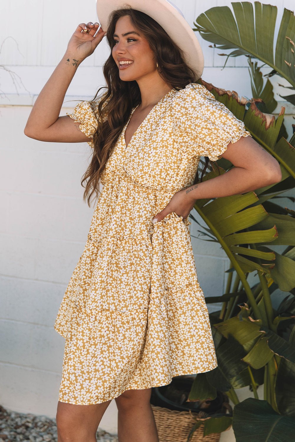 Yellow Floral Short Sleeve V Neck Frilly Tiered Mini Dress - Chaelisa's New Jammies