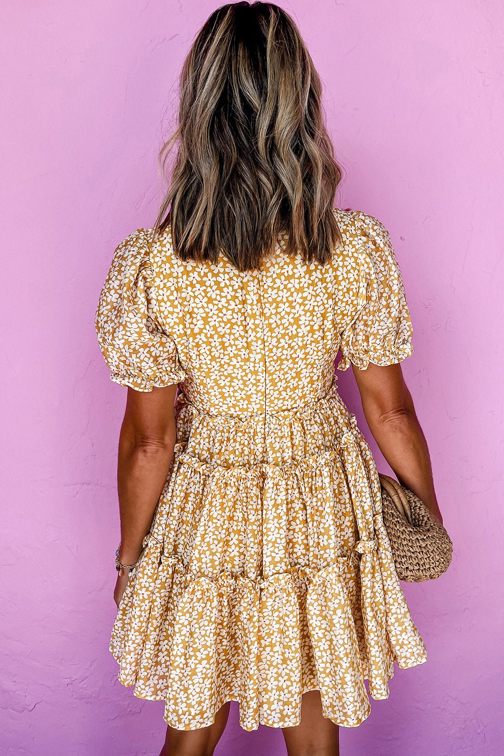 Yellow Floral Short Sleeve V Neck Frilly Tiered Mini Dress - Chaelisa's New Jammies