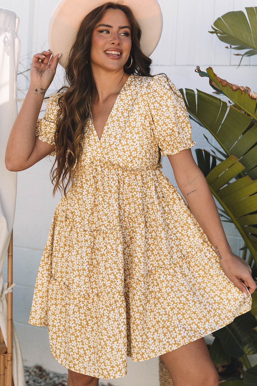 Yellow Floral Short Sleeve V Neck Frilly Tiered Mini Dress - Chaelisa's New Jammies