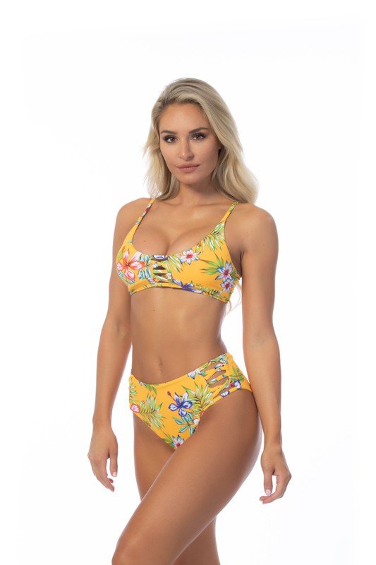 YELLOW ISLAND PRINT HIGH WAIST BIKINI SET - Chaelisa's New Jammies
