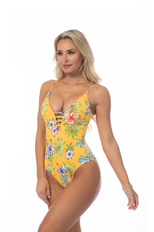 YELLOW ISLAND PRINT ONE PIECE SWIMSUIT - Chaelisa's New Jammies