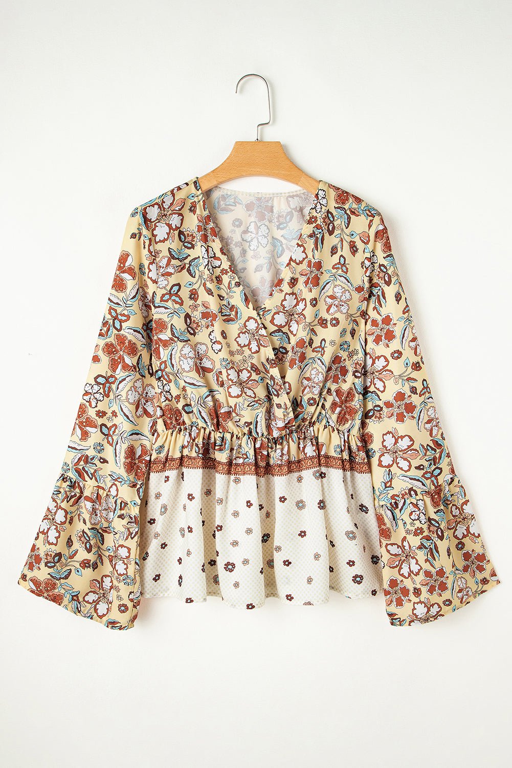 Yellow Printed Floral Bell Sleeve V Neck Wrapped Contrast Peplum Blouse - Chaelisa's New Jammies