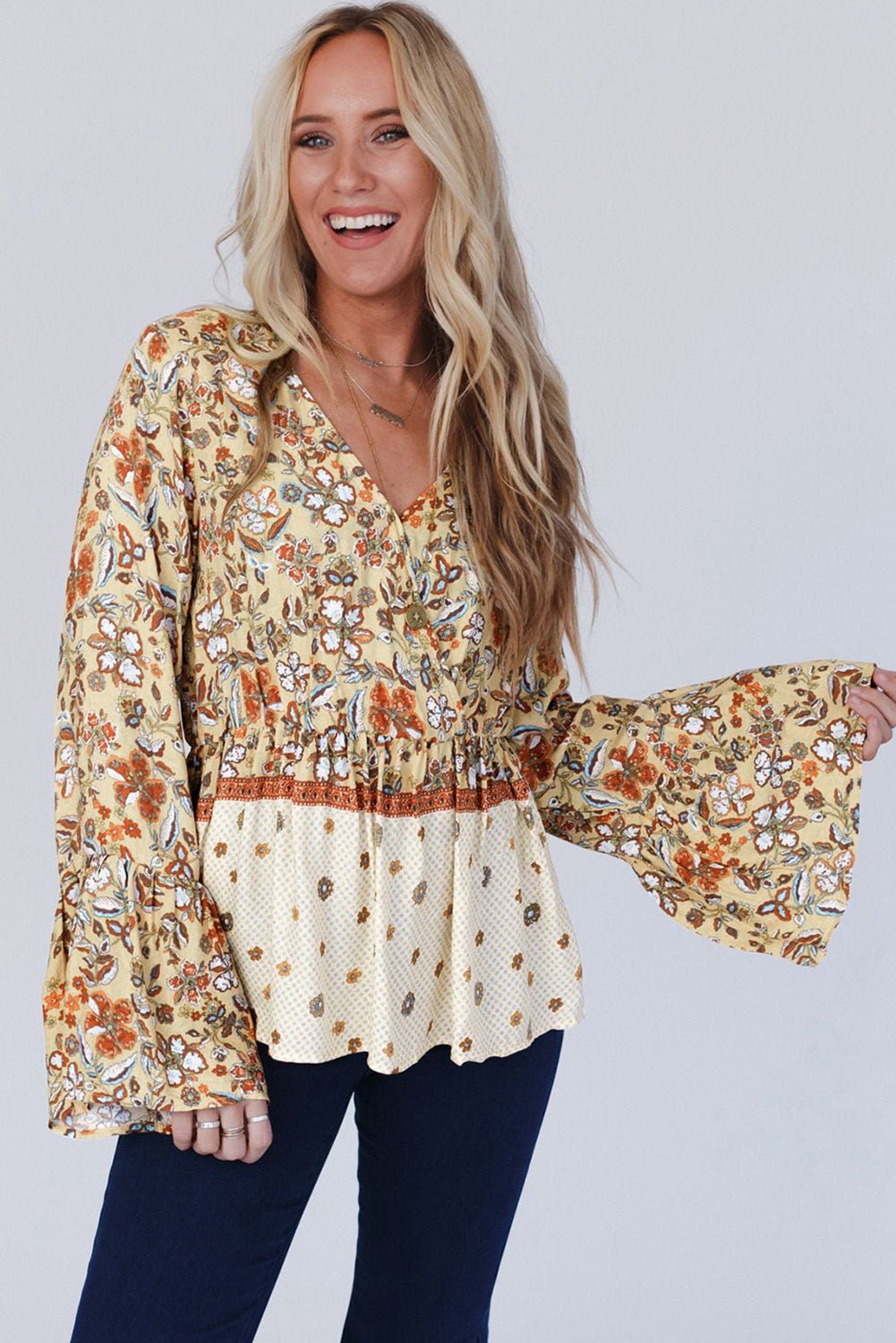 Yellow Printed Floral Bell Sleeve V Neck Wrapped Contrast Peplum Blouse - Chaelisa's New Jammies