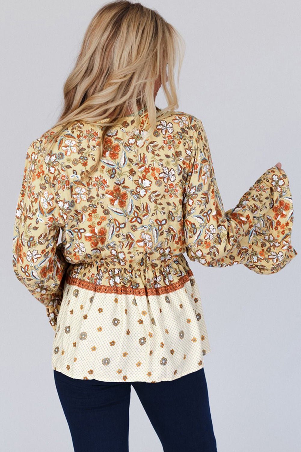 Yellow Printed Floral Bell Sleeve V Neck Wrapped Contrast Peplum Blouse - Chaelisa's New Jammies