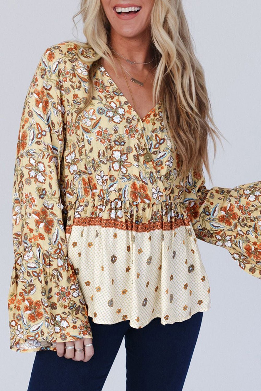 Yellow Printed Floral Bell Sleeve V Neck Wrapped Contrast Peplum Blouse - Chaelisa's New Jammies