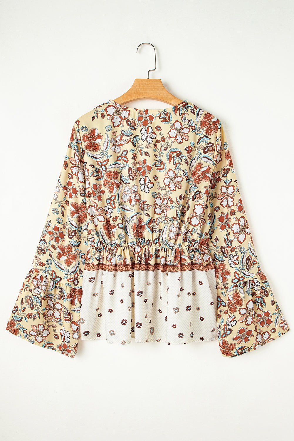Yellow Printed Floral Bell Sleeve V Neck Wrapped Contrast Peplum Blouse - Chaelisa's New Jammies